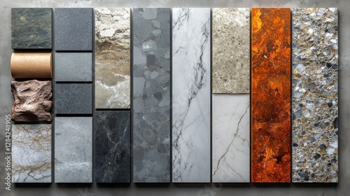 Variety of stone and marble samples arranged for comparison.
