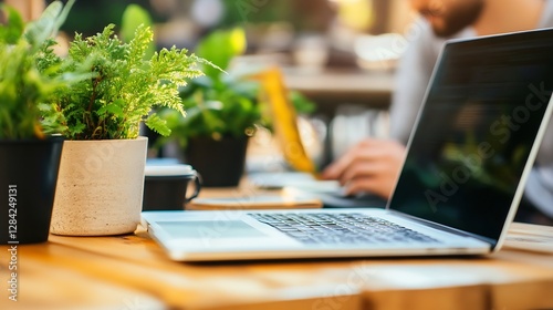 Laptop on a wooden table surrounded by potted plants with a blurred background of a sunny outdoor cafe : Generative AI photo