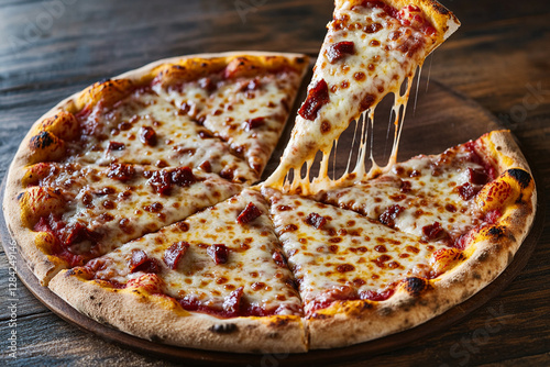 Dynamic shot: pizza with melting cheese and pieces of toppings in the air photo