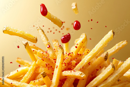 French fries in motion with flying pieces and drops of ketchup photo