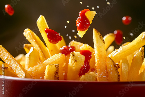 French fries in motion with flying pieces and drops of ketchup photo