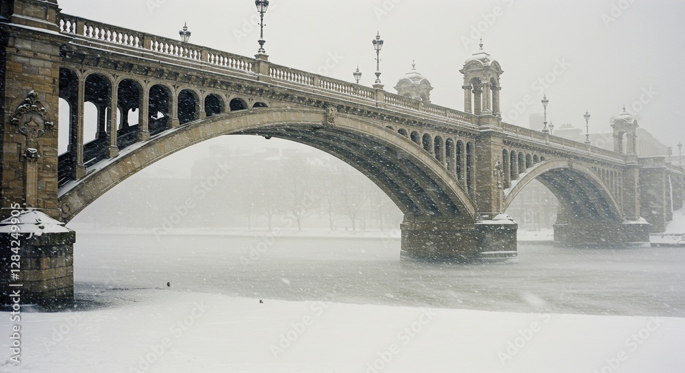 Fototapeta premium Old stone bridge in winter in a snowfall, picturesque bridge over the river in a snow storm
