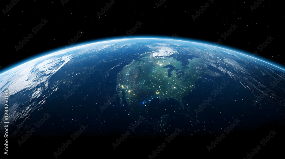 Obraz premium Detailed View of Earth from Space Showing Blue Atmosphere and Illuminated City Lights Against Black Background