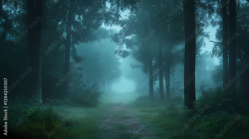 Fototapeta premium misty forest pathway tall trees