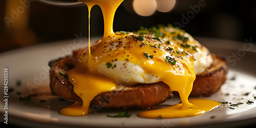 Delicious Egg Yolks Dripping on Toast, Mouthwatering Breakfast Close-Up, Perfect Poached Eggs on Toast, Breakfast Photography