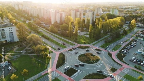 Urban landscape with roundabout and green areas