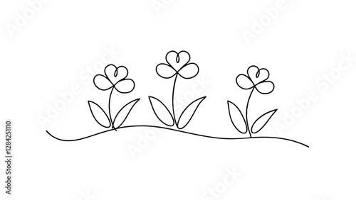 A minimalist line art drawing depicts three stylized flowers with heartshaped petals and simple leaves, planted in a gently curved row on a single line representing ground.