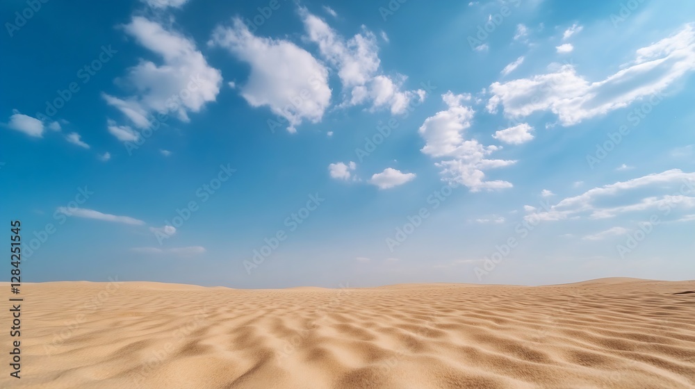 Naklejka premium Vast Serene Desert Landscape with Gentle Sand Dunes and Blue Sky Full of Fluffy Clouds : Generative AI