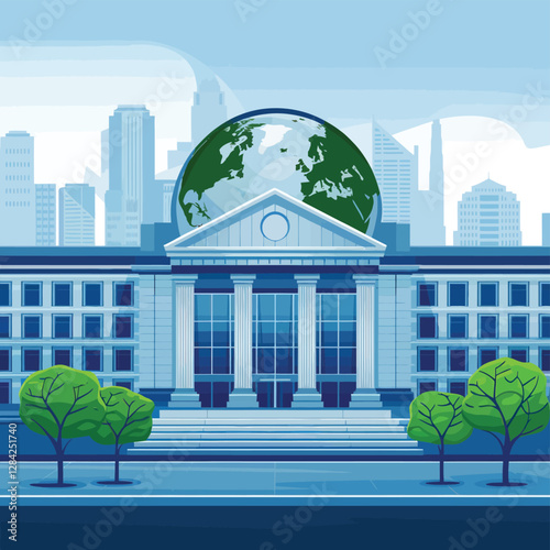 vector colorful economy trading graph cash money linked with curved dash line over the world bank 
