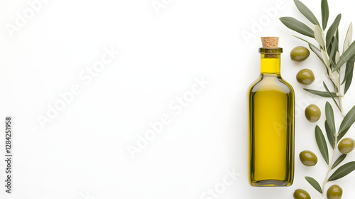 Branch with Olives and a Bottle of Olive Oil Isolated on White Background, Perfect for Food and Health Designs
