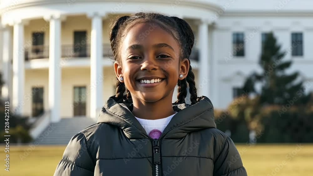 A young girl is smiling in front of the House