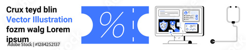 Discount coupon with percentage symbol, healthcare software with medical shield icons, and IV stand. Ideal for healthcare, technology, savings, medical apps, financial benefits, digital health