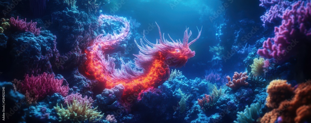 Obraz premium Mystical luminescent dragon swimming through vibrant underwater coral reef landscape