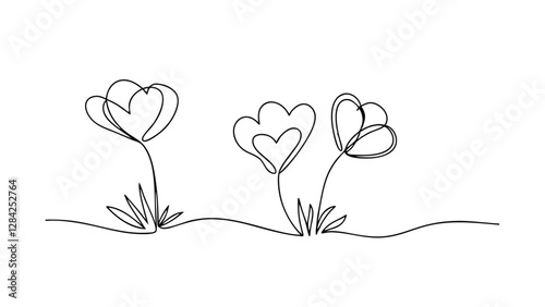 Three stylized flowers with heartshaped petals, drawn in a single continuous line. Minimalist design, simple, elegant, representing love and spring. Black line art on white background.