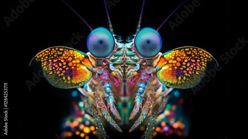 Close Up of a Colorful Mantis Shrimp Against a Black Background Macro Shot