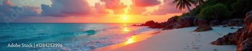 Stunning sunrise over pristine beach, coral reefs visible , dawn, paradise