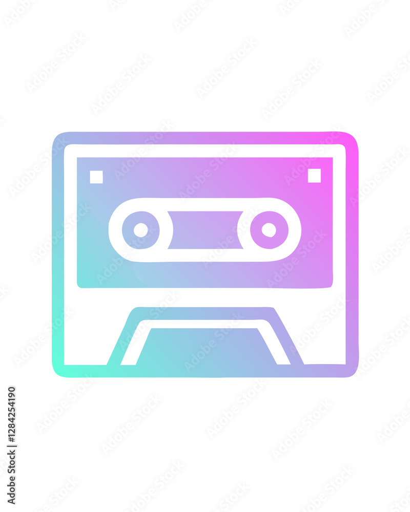 Stylized cassette tape icon with a cyan to pink gradient color scheme, set against a black background, featuring clean lines and a retro design.