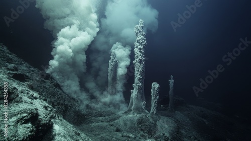 Dramatic Hydrothermal Vents Spewing Mineral Rich Fluids on Dark Deep Ocean Floor