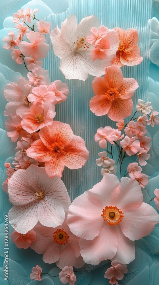Delicate Peach and Coral Flowers on Textured Blue Background Delicate Peach and Coral Flowers on Textured Blue Background