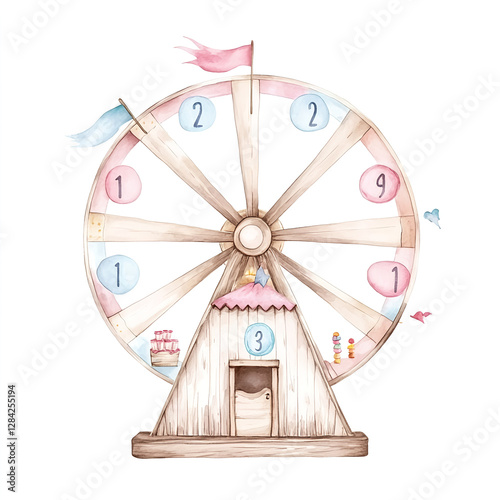 rustic watercolor carnival game wheel with pastel colors and flags