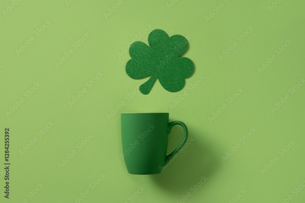 Patrick's Day celebration concept. Green cup for coffee and shamrock on green background. Copy space. Close up.