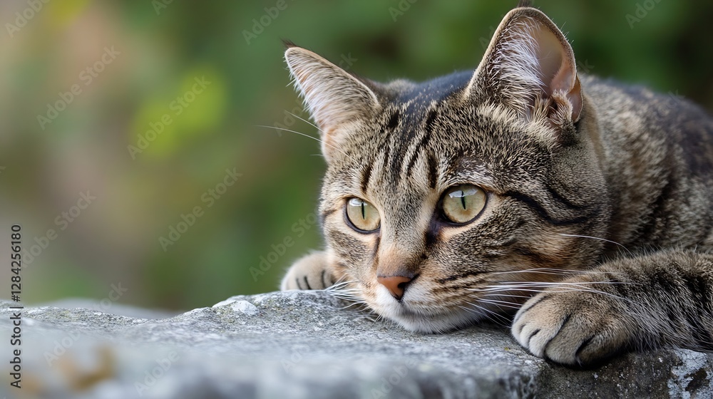 Close Up of a Relaxed Tabby Cat Lying on a Stone Surface with Green Background : Generative AI Close Up of a Relaxed Tabby Cat Lying on a Stone Surface with Green Background : Generative AI