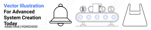 Bell icon, conveyor with coins and gear icons, and plastic bag symbol. Ideal for technology, automation, finance, e-commerce, sustainability, production consumer goods flat landing page banner