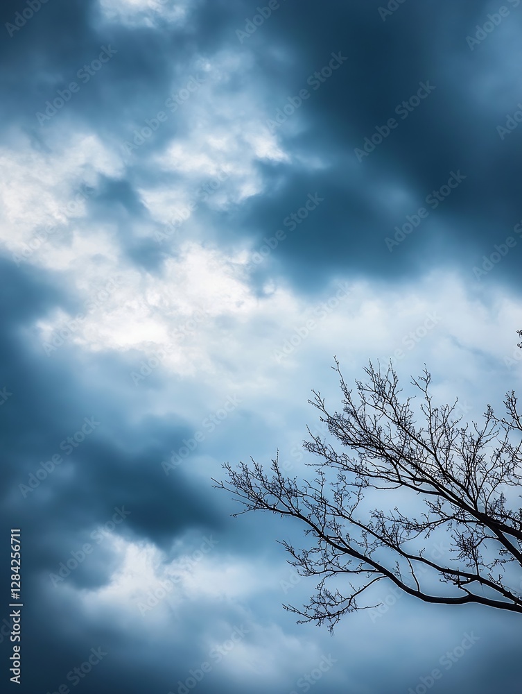 Dark and Mysterious Clouds Surrounding a Bare Branch Silhouette Against a Dramatic Sky : Generative AI Dark and Mysterious Clouds Surrounding a Bare Branch Silhouette Against a Dramatic Sky : Generative AI