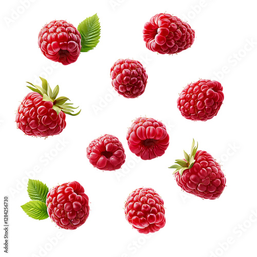 Juicy Raspberries Falling PNG Against Transparent Background for Organic Food, Dessert Branding, or Healthy Eating Promotions photo