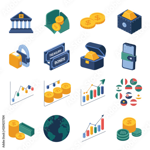 vector colorful economy trading graph cash money linked with curved dash line over the world bank 
