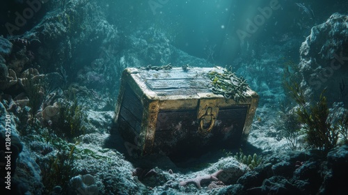 Submerged Golden Treasure Chest on Ocean Floor
