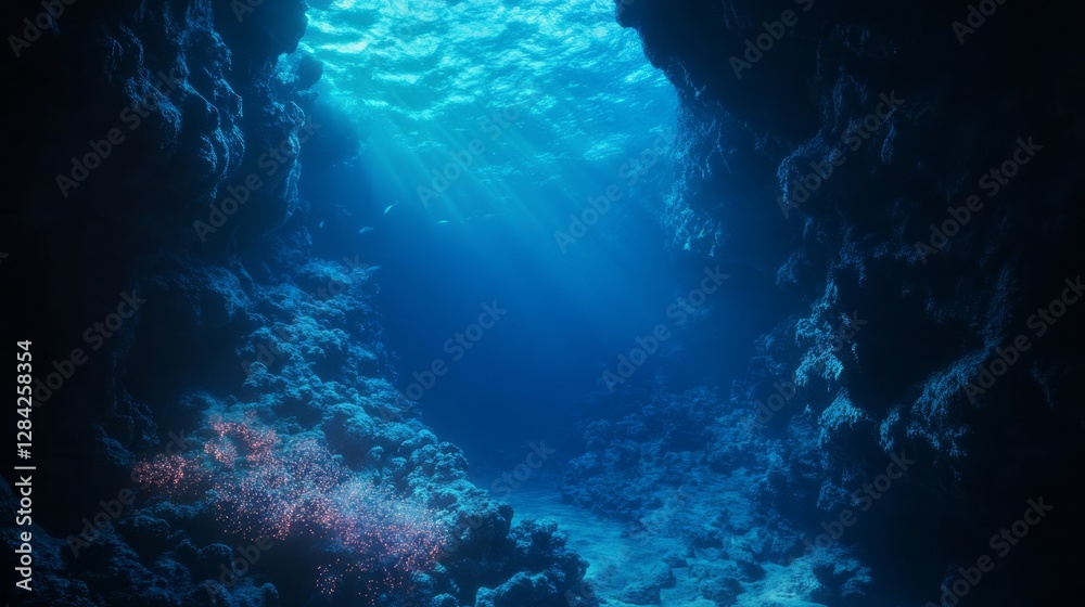 Fototapeta premium Underwater Cave with Sunbeams and Dark Blue Water