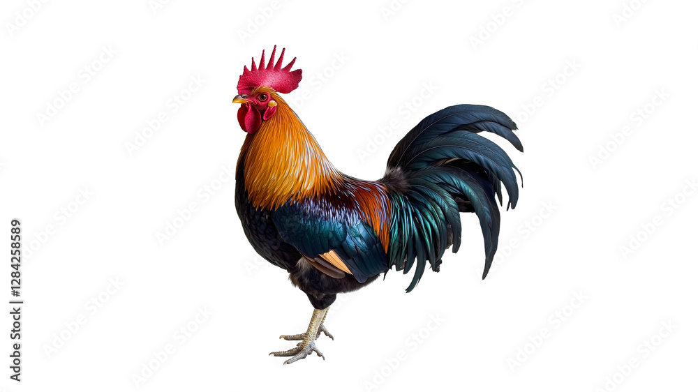 Fototapeta premium Colorful rooster standing proudly in a garden