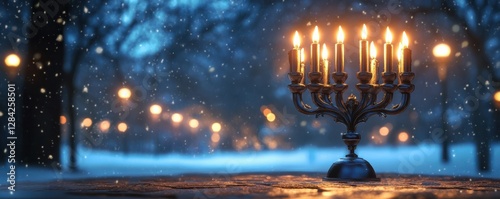 Illuminated menorah on snowy evening with glowing streetlights in winter wonderland