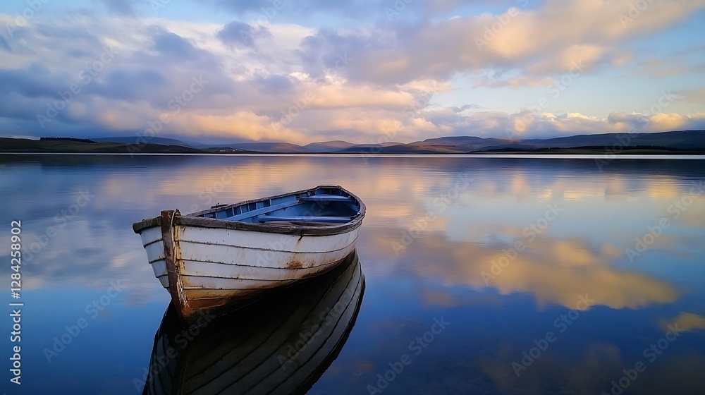 Fototapeta premium Tranquil boat floating on still water under a beautiful cloudy sky reflecting nature's peace : Generative AI