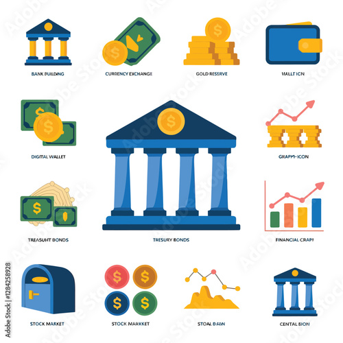 vector colorful economy trading graph cash money linked with curved dash line over the world bank 
