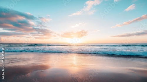 Stunning beach sunset view over calm waves with vibrant pastel colors in the sky : Generative AI
