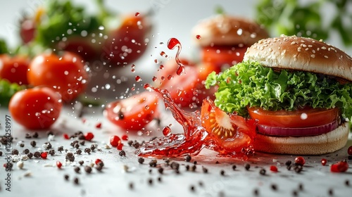 Juicy burger with fresh tomatoes, lettuce, and onions, splashing sauce.