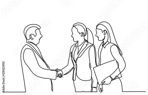 continuous line drawing of Happy confident business partners men and women shaking hands. Line art vector business people are meeting and shaking their hands to deal with a contract line art vector.