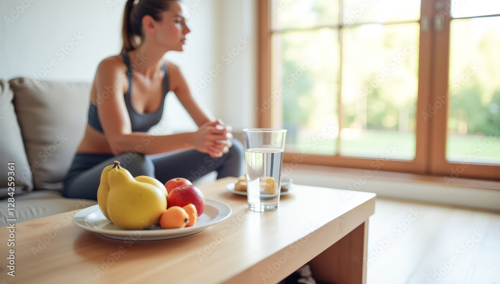 fruits in a plate athletic woman is engaged in fitness fruits in a plate athletic woman is engaged in fitness