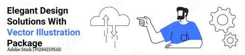 Cloud with arrows, gears, and person pointing highlight teamwork, workflow, scalability, innovation, tech solutions. Ideal for SaaS, cloud computing collaboration business automation innovation