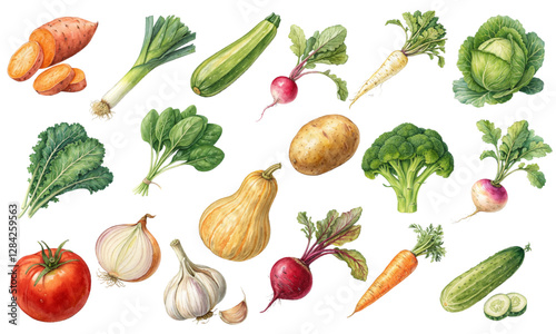 Watercolor Vegetables Collection with Fresh Produce