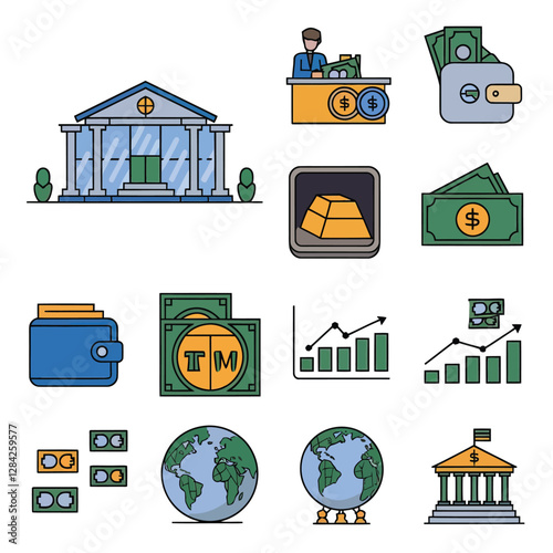 vector colorful economy trading graph cash money linked with curved dash line over the world bank 
