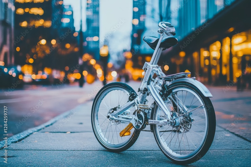 Urban Scene with Modern Folding Bicycle on City Street at Dusk