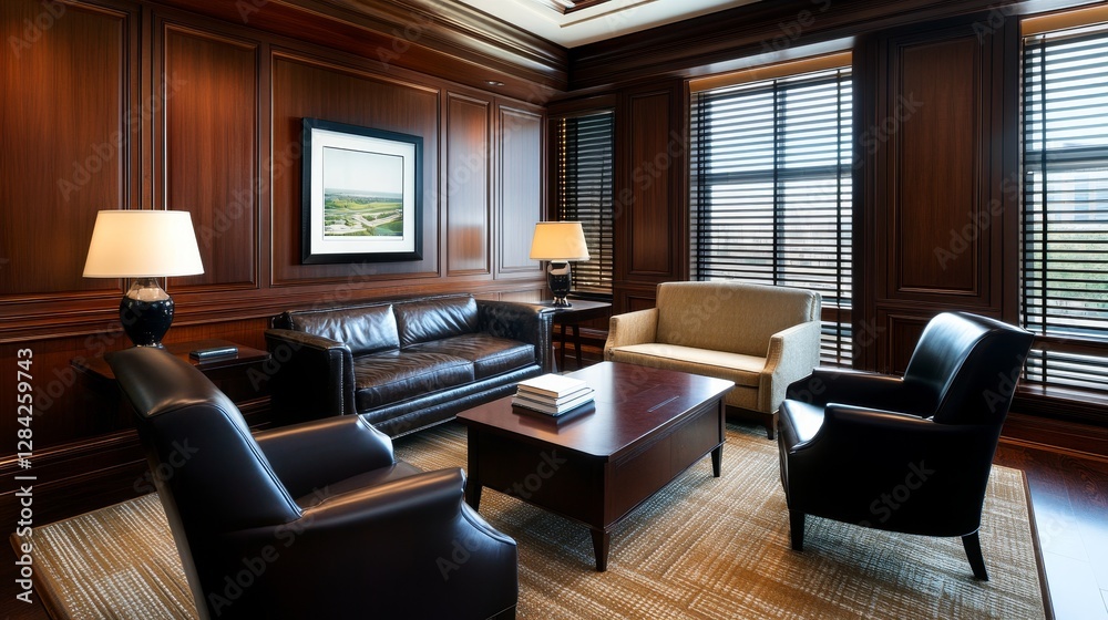 Naklejka premium Elegant office interior featuring leather furniture and warm wooden walls, with natural light streaming in