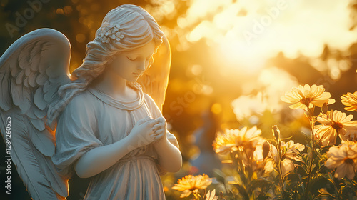 Radiant angel sculpture surrounded by flowers serene garden high-resolution image warm light ethereal beauty. Luminous Garden Statue. Illustration