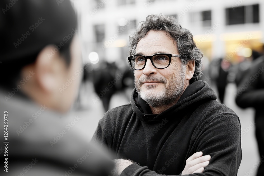 Obraz premium A man in a casual setting shares a friendly smile and conversation, representing warmth, connection, and open communication amidst a lively crowd.