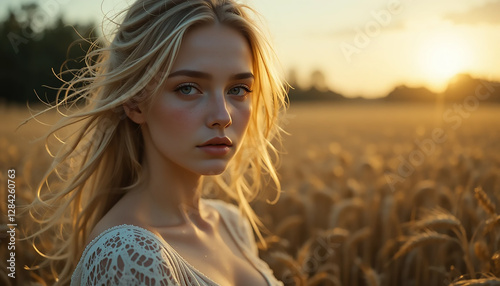 Golden Hour Serenity: A portrait of a beautiful woman with flowing blonde hair in a wheat field during the golden hour, capturing the warmth and serenity of a late afternoon. 