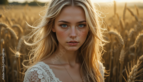 Golden Beauty: A captivating young woman, her blonde hair shimmering in the golden sunlight, stands amidst a field of wheat, evoking feelings of serenity and connection with nature.
