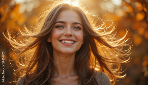 Radiant Beauty in Autumn's Embrace: A captivating portrait of a young woman with flowing hair and a warm, genuine smile, bathed in the golden light of an autumnal setting.